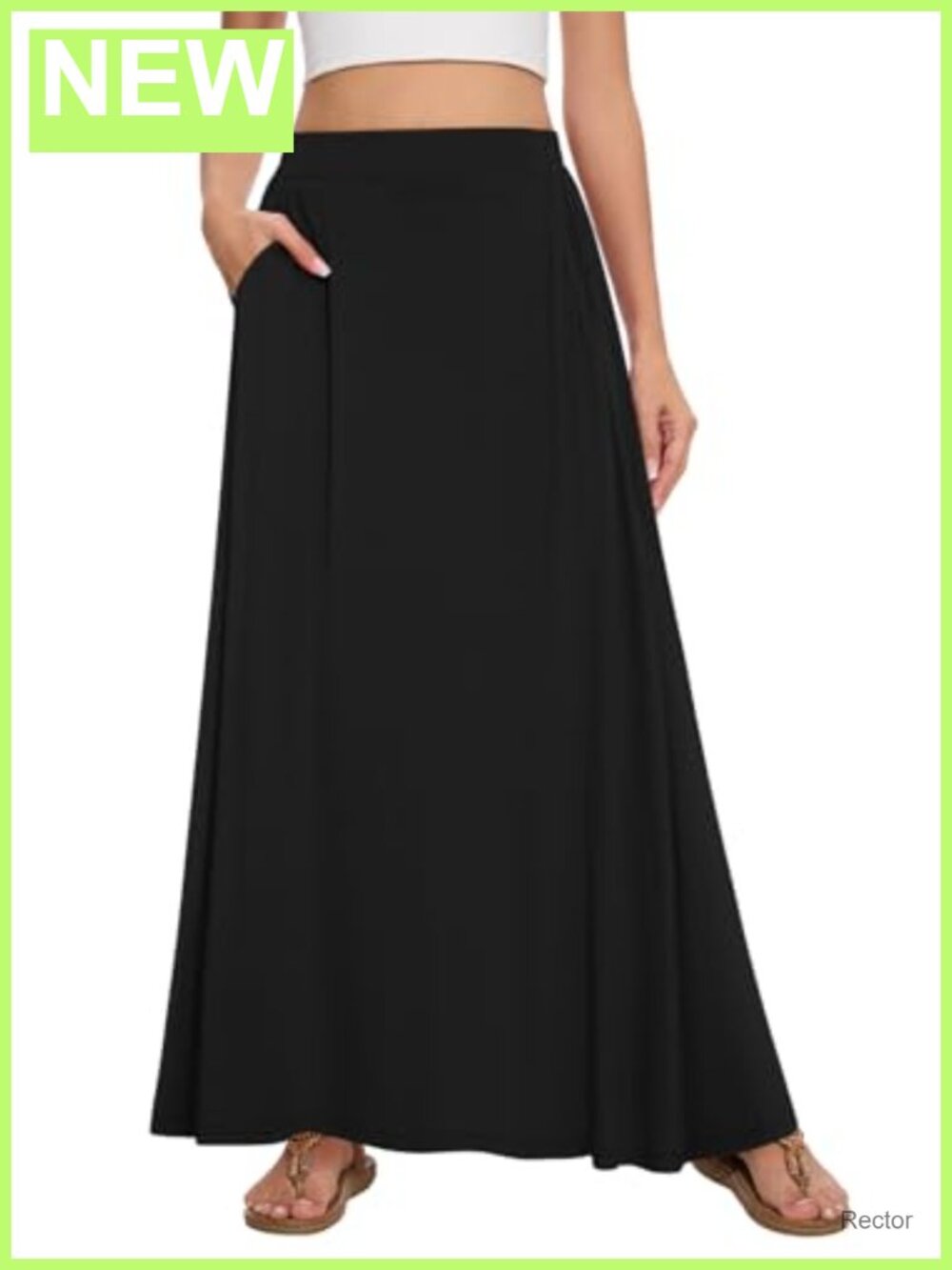 Women's Flowy Maxi Skirt A-Line High Waist Elastic Waistband Pockets